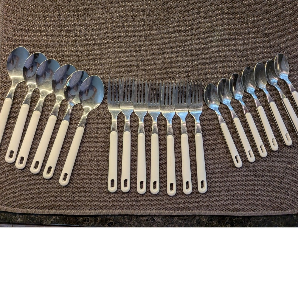 Vintage Stainless Flatware Set 20 Pc White Plastic Handle Oval Cutout Hole MCM
